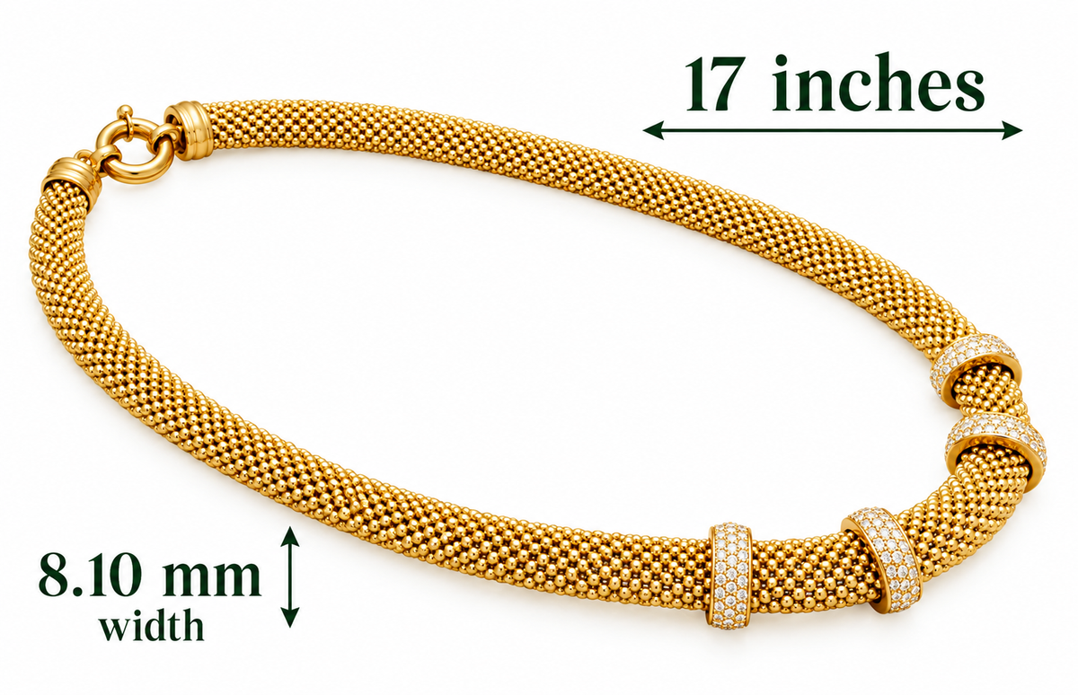 14K Yellow Gold Mesh Necklace with Zirconia – 17" – 8.10 mm – 29.24 g