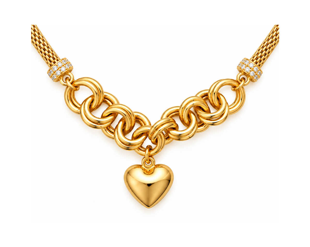 14K Yellow Gold Mesh Necklace with Heart Charm – 17" – 3.00 mm – 11.35 g