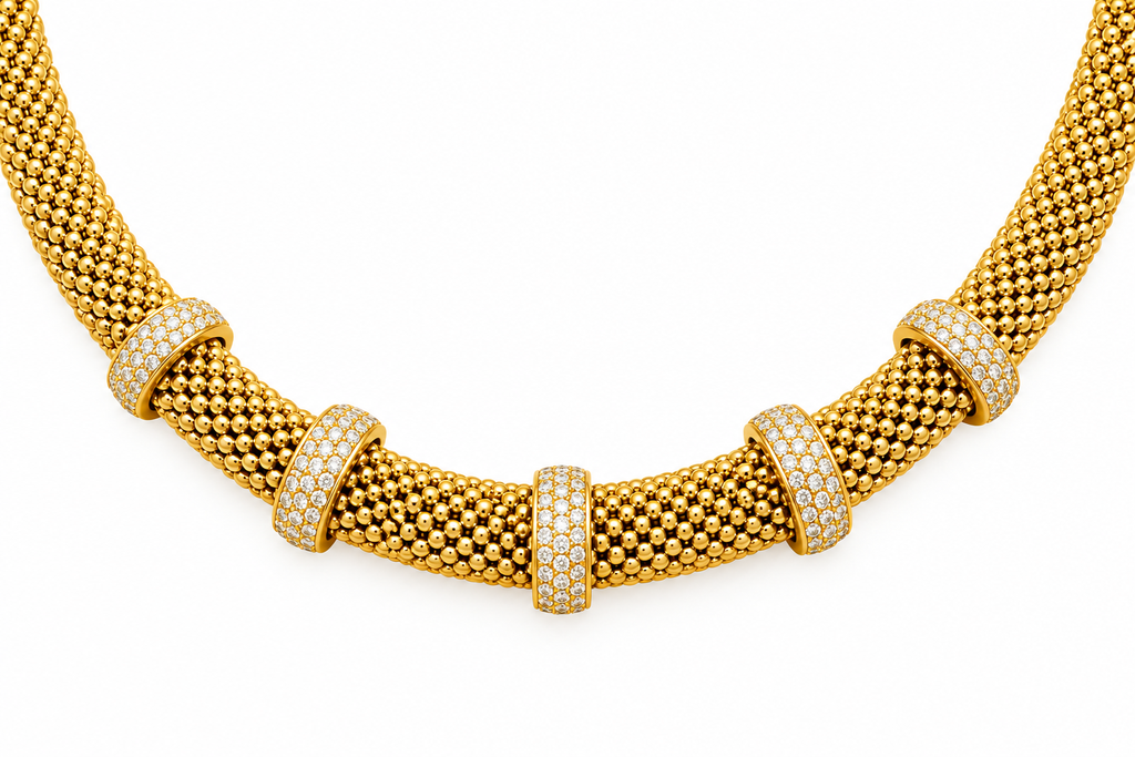 14K Yellow Gold Mesh Necklace with Zirconia – 17" – 8.10 mm – 29.24 g
