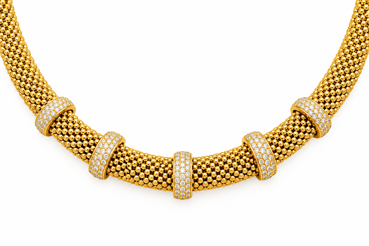14K Yellow Gold Mesh Necklace with Zirconia – 17" – 8.10 mm – 29.24 g