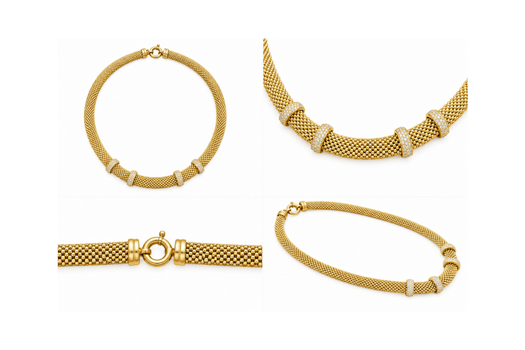 14K Yellow Gold Mesh Necklace with Zirconia – 17" – 8.10 mm – 29.24 g