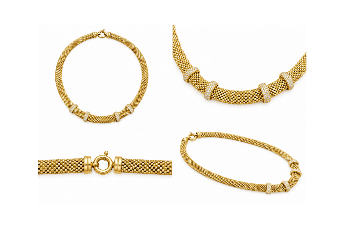 14K Yellow Gold Mesh Necklace with Zirconia – 17" – 8.10 mm – 29.24 g