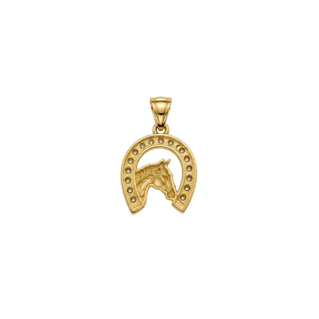 14K Yellow Gold Horseshoe & Horse Pendant with Cubic Zirconia