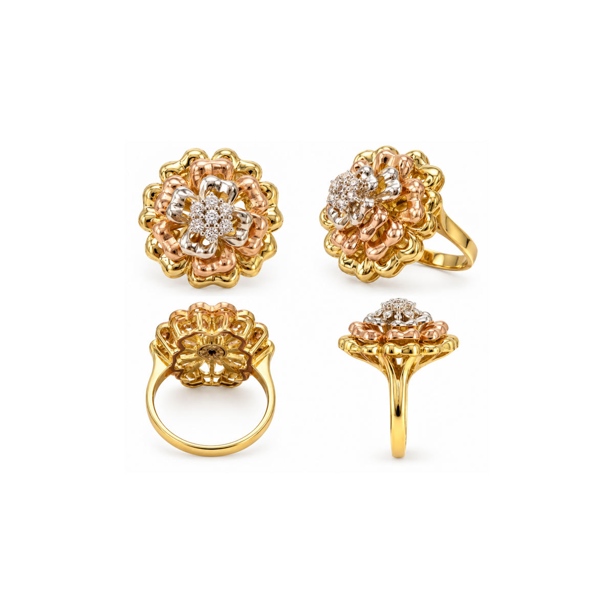 10K Tri-Color Gold Floral Diamond Statement Ring – 0.80 CTW – Size 5