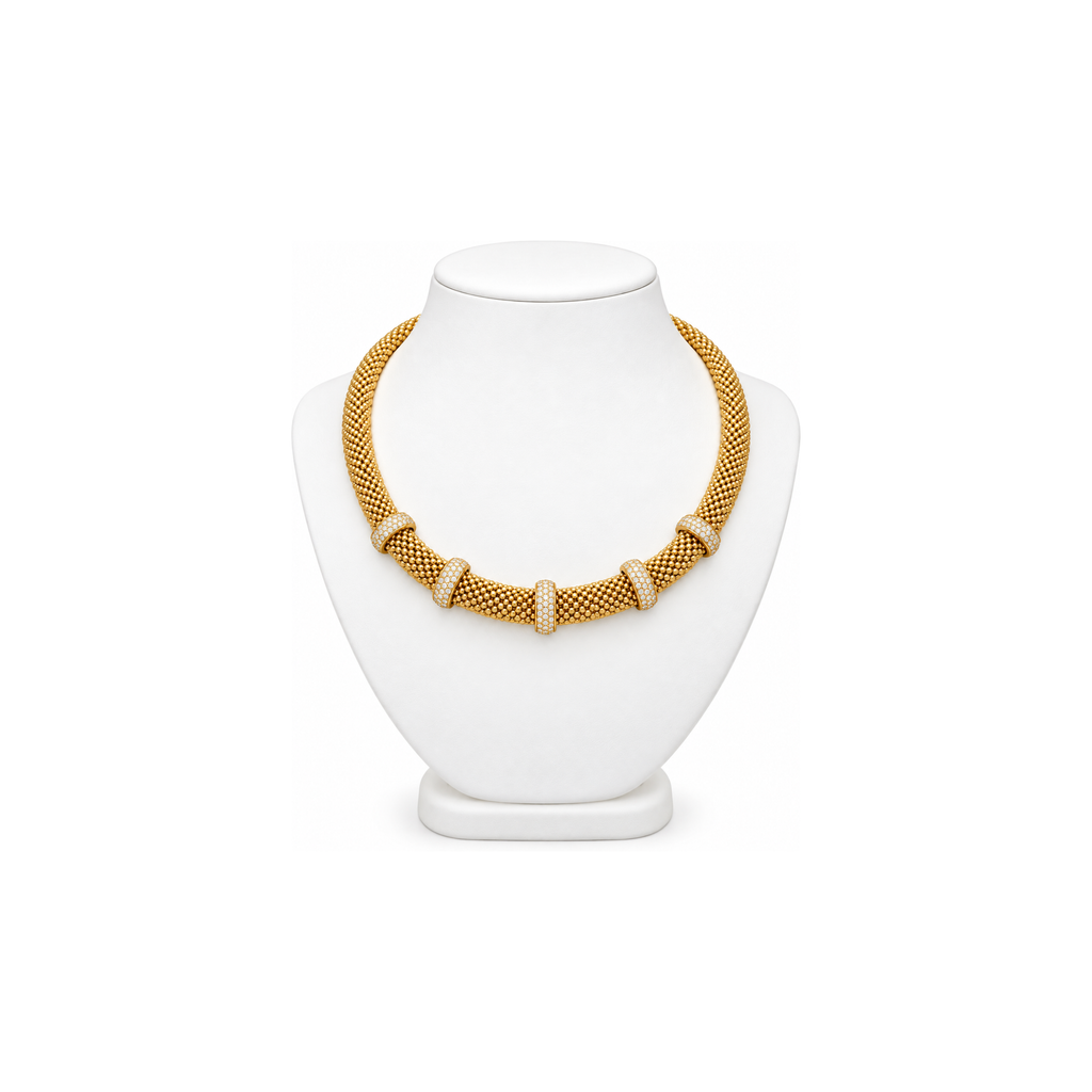 14K Yellow Gold Mesh Necklace with Zirconia – 17" – 8.10 mm – 29.24 g