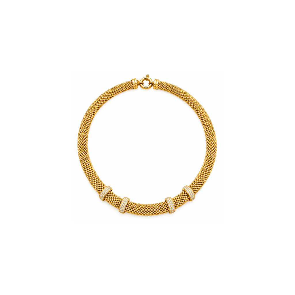 14K Yellow Gold Mesh Necklace with Zirconia – 17" – 8.10 mm – 29.24 g