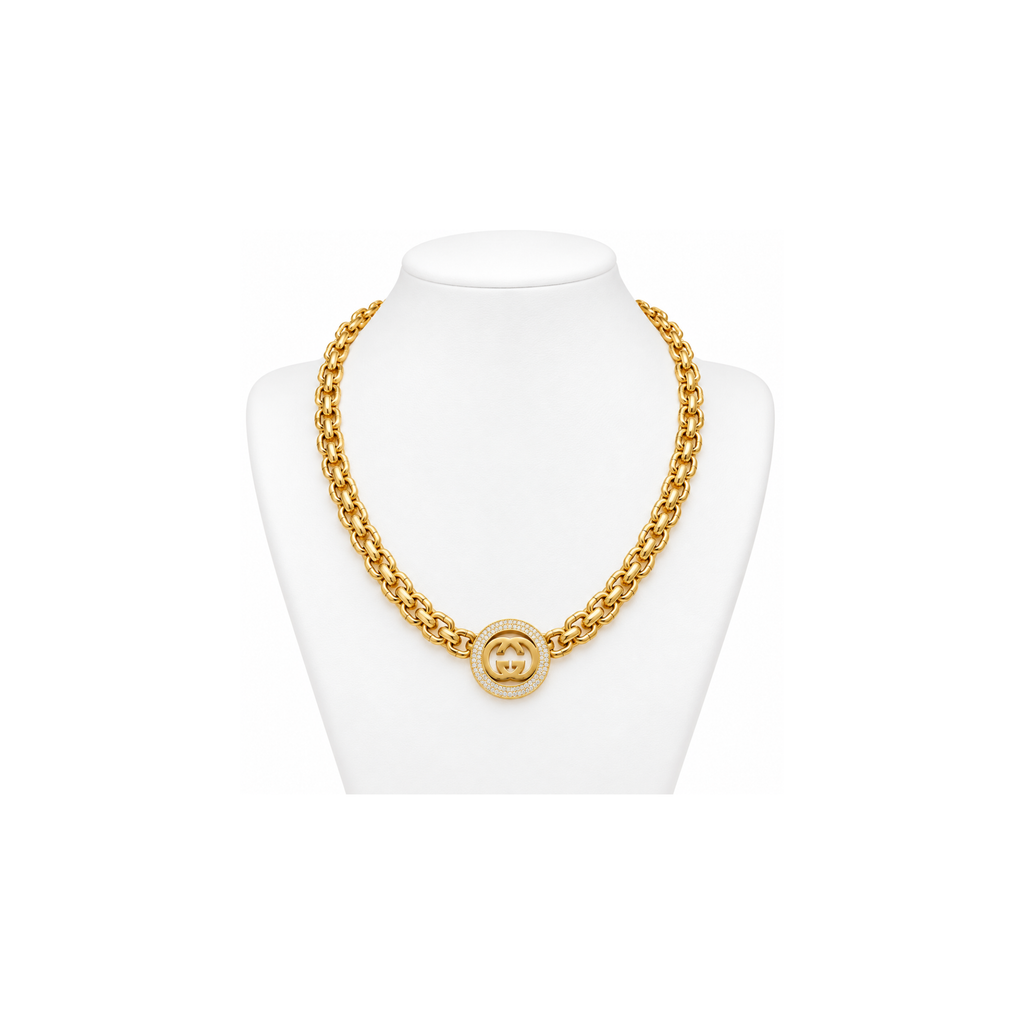 14K Yellow Gold Double-Link Necklace with Pavé Round Pendant – 17" – 18.0 g