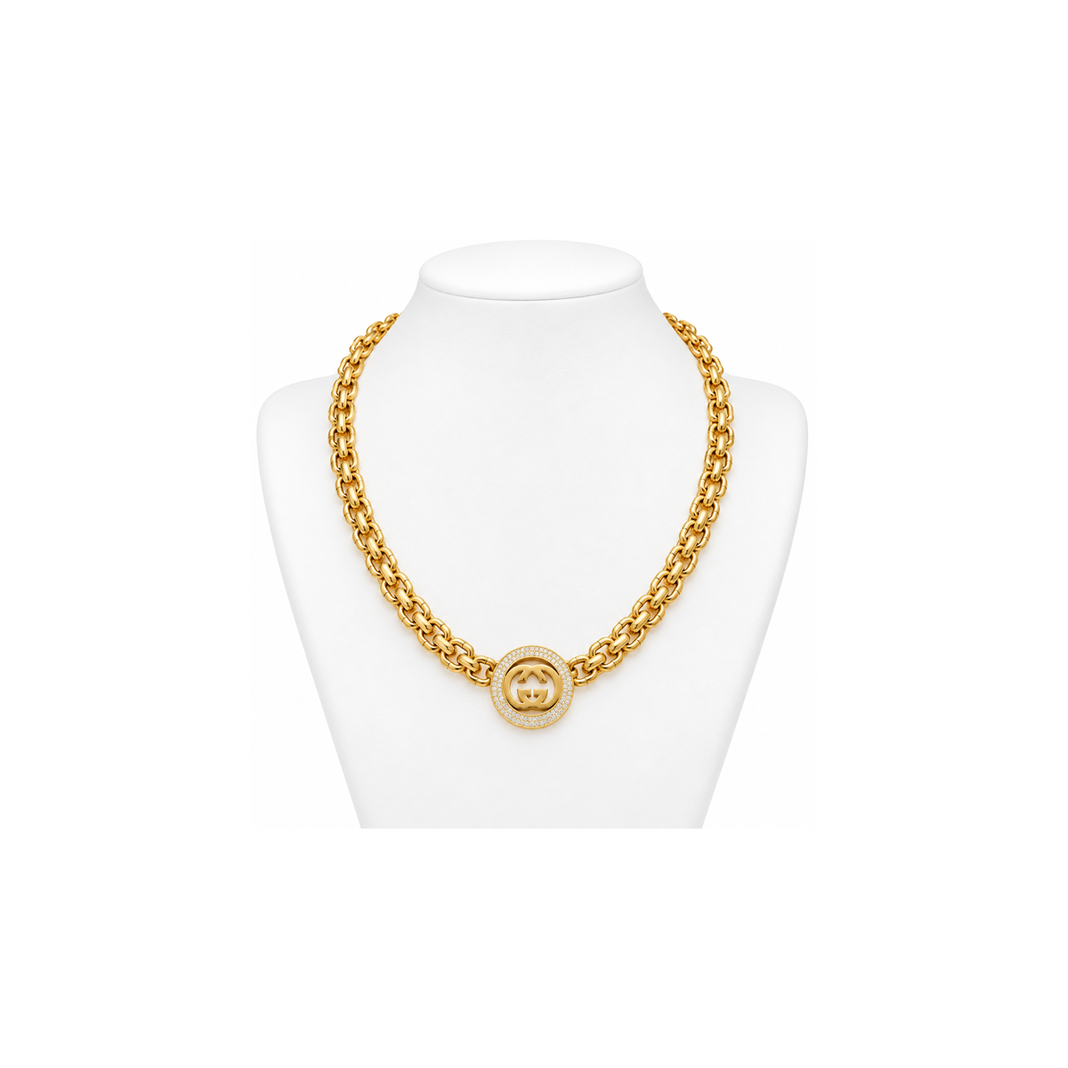 14K Yellow Gold Double-Link Necklace with Pavé Round Pendant – 17" – 18.0 g