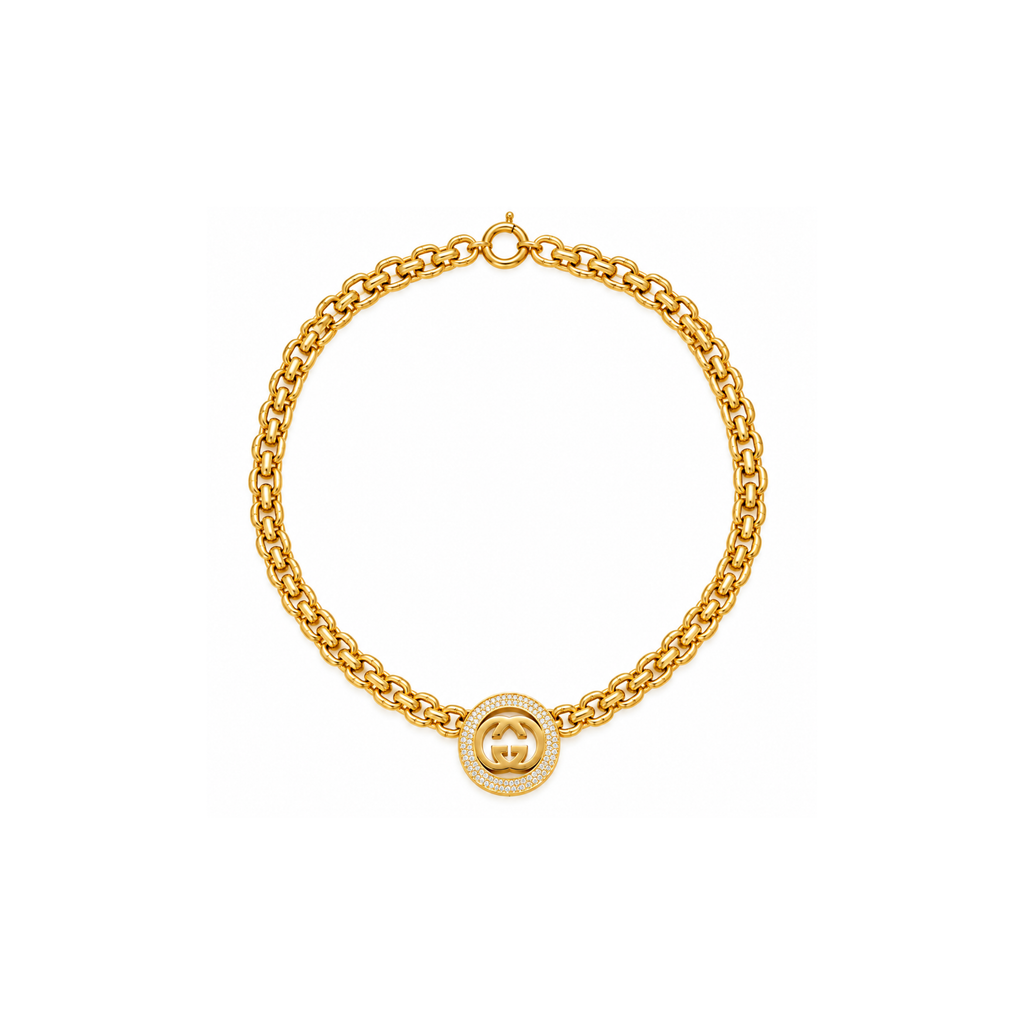14K Yellow Gold Double-Link Necklace with Pavé Round Pendant – 17" – 18.0 g