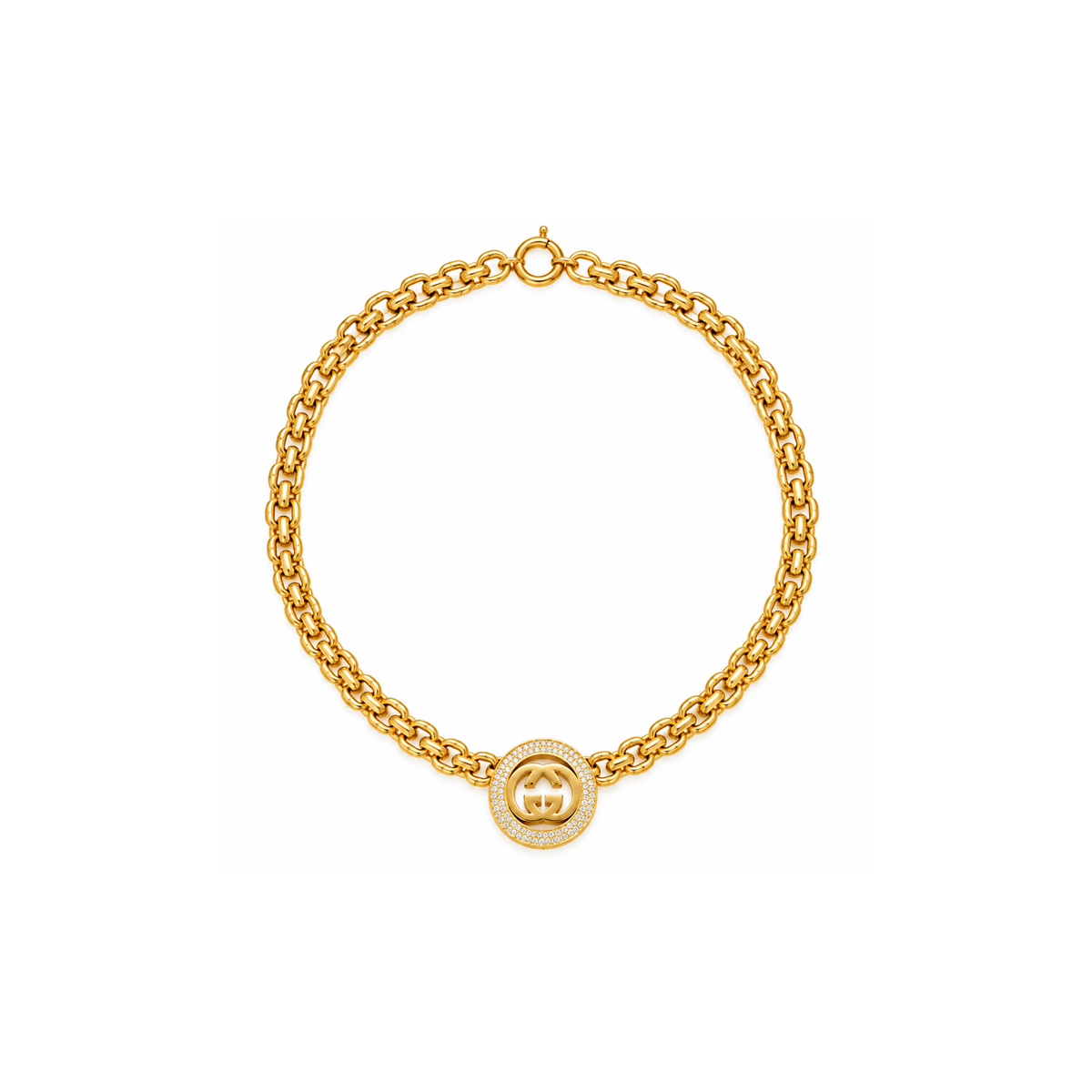14K Yellow Gold Double-Link Necklace with Pavé Round Pendant – 17" – 18.0 g