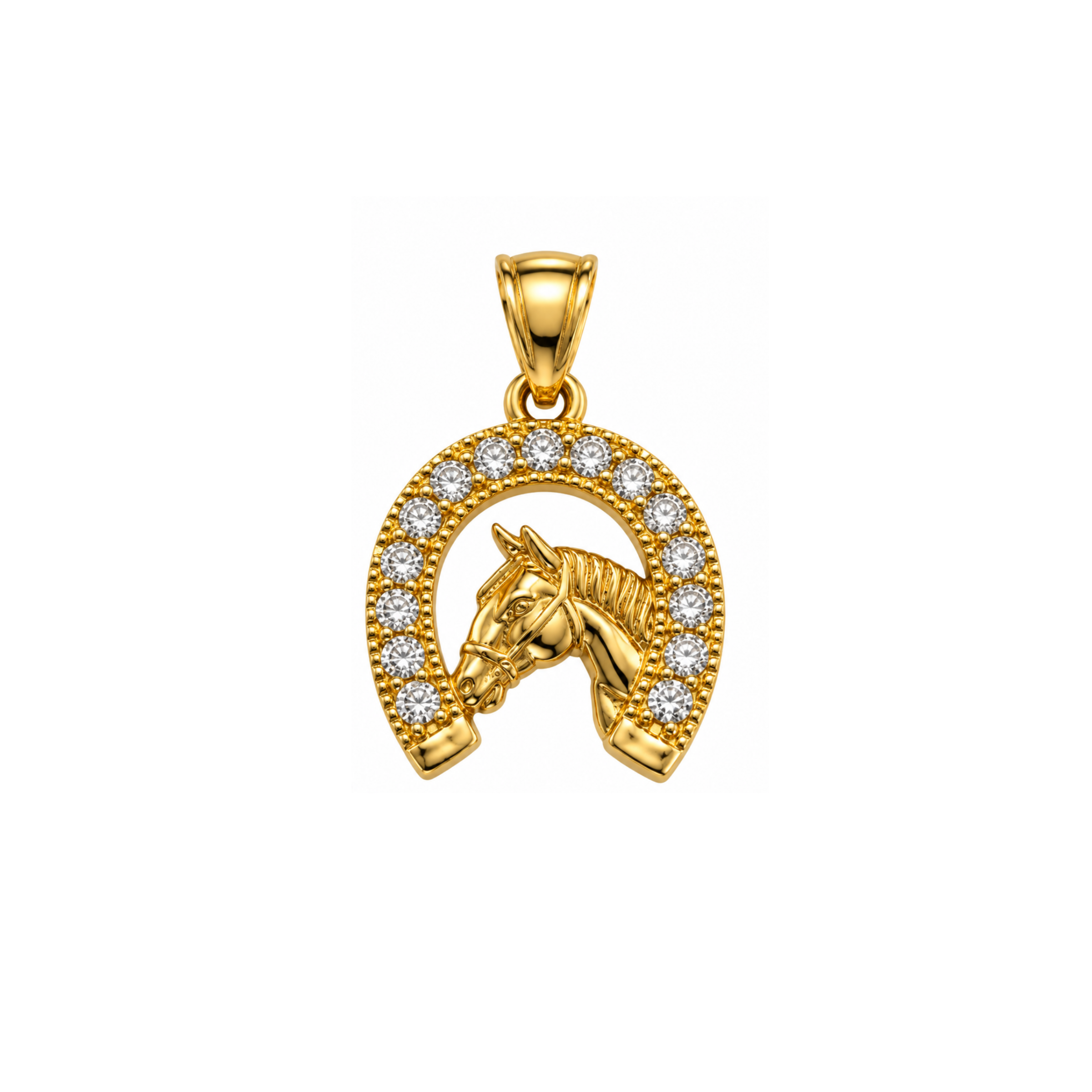 14K Yellow Gold Horseshoe & Horse Pendant with Cubic Zirconia
