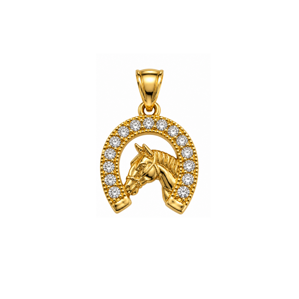 14K Yellow Gold Horseshoe & Horse Pendant with Cubic Zirconia