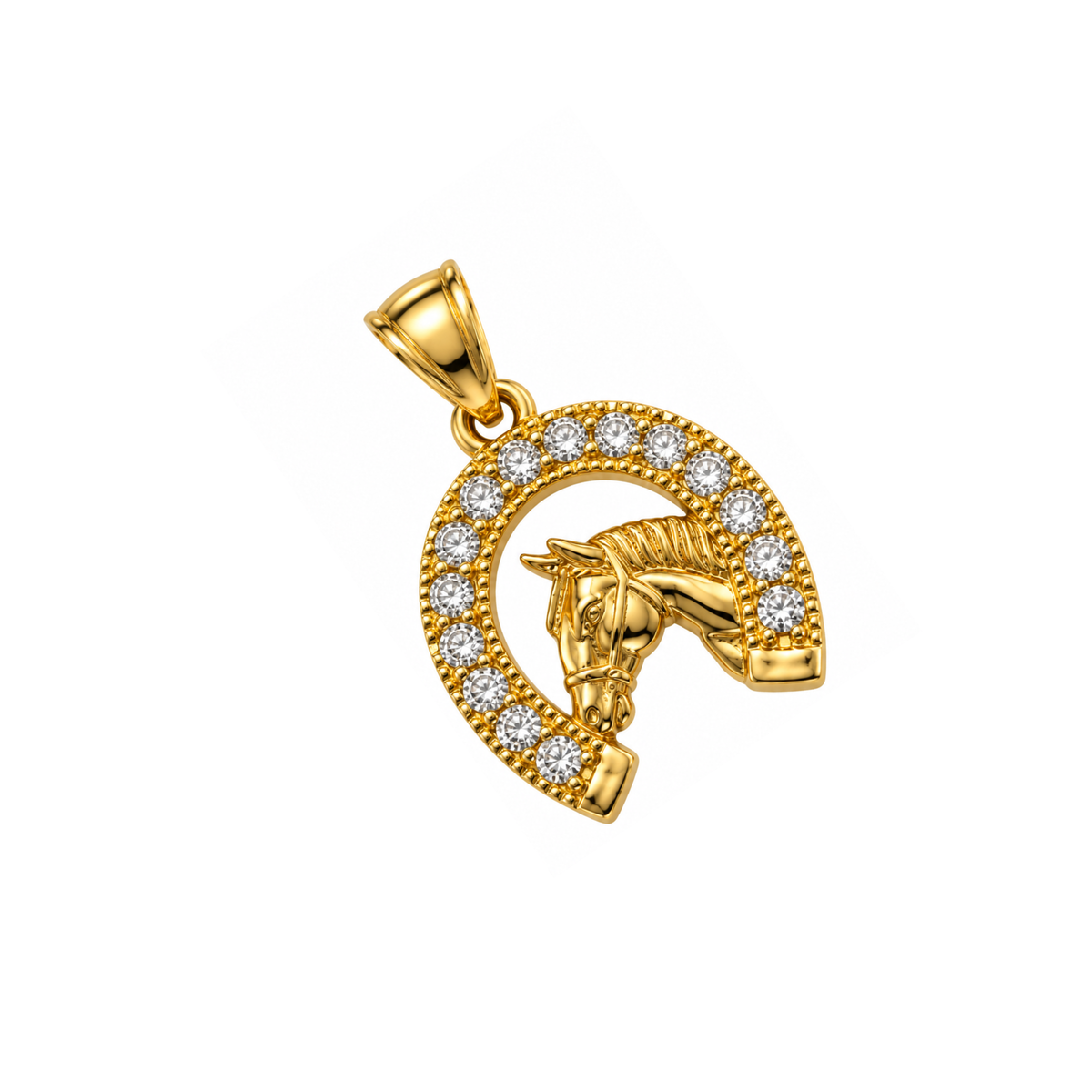 14K Yellow Gold Horseshoe & Horse Pendant with Cubic Zirconia