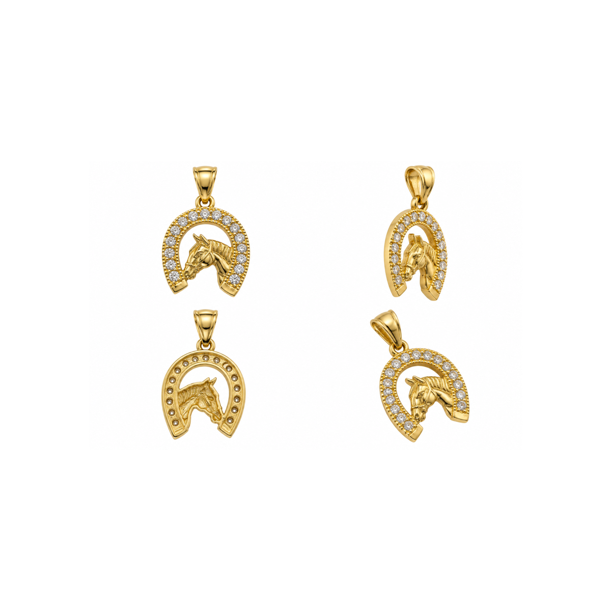 14K Yellow Gold Horseshoe & Horse Pendant with Cubic Zirconia