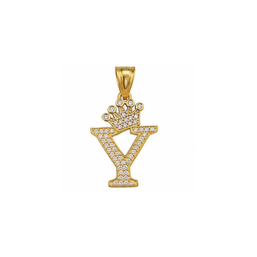 14K Yellow Gold Crown Letter Y Pendant with CZ