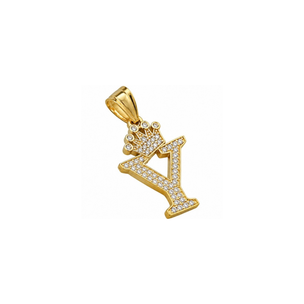 14K Yellow Gold Crown Letter Y Pendant with CZ