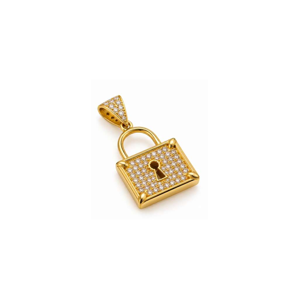 14K Yellow Gold CZ Lock Pendant
