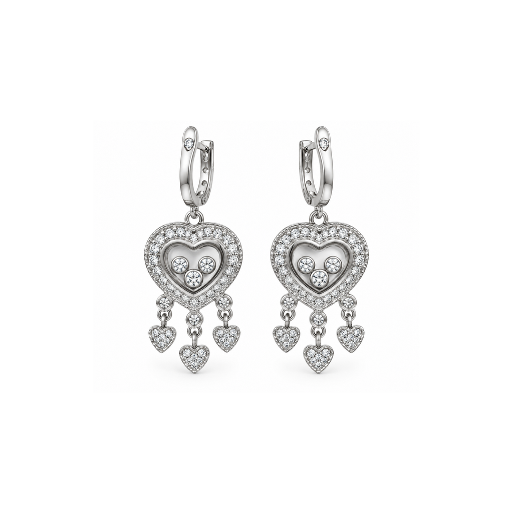 14K White Gold Diamond Heart Drop Earrings