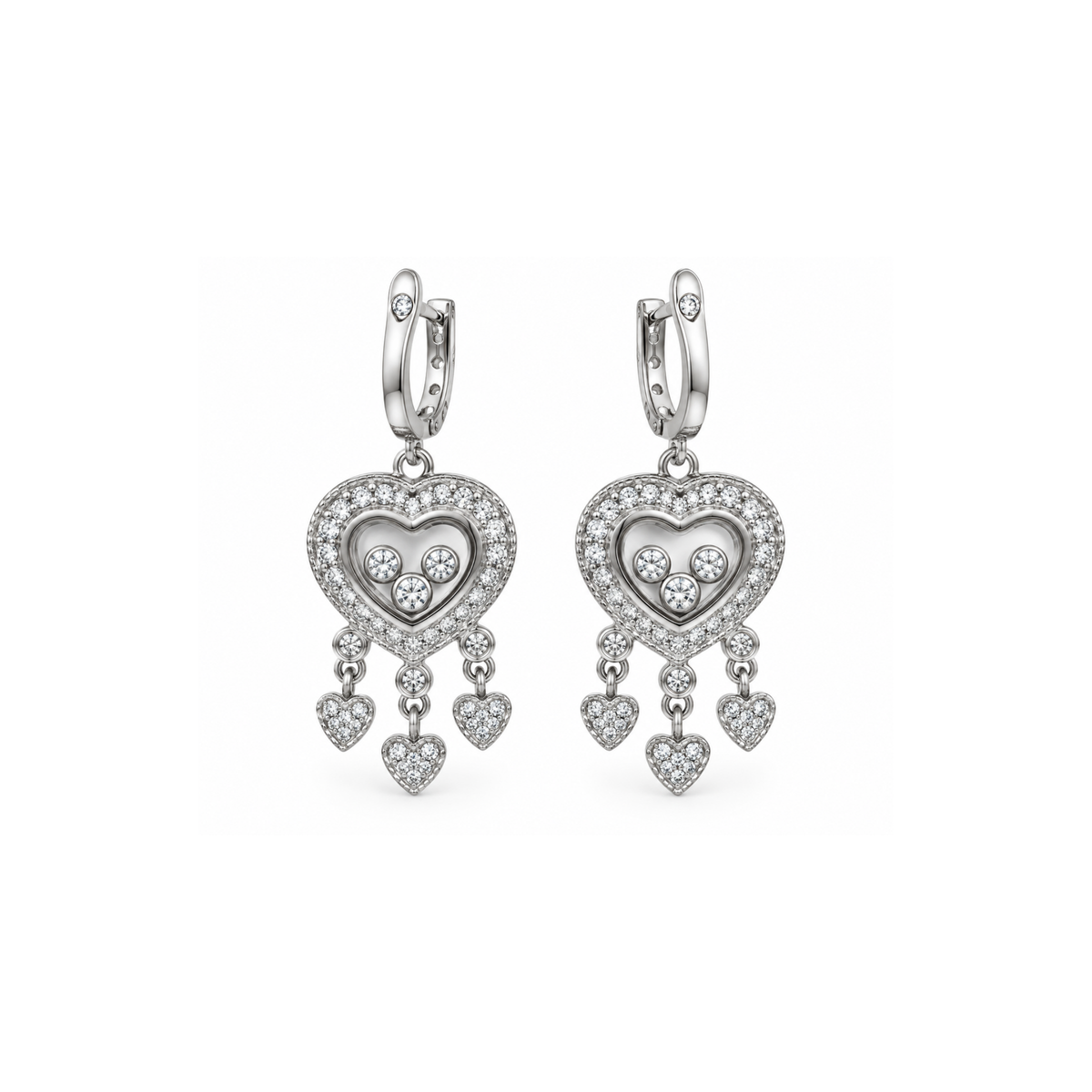 14K White Gold Diamond Heart Drop Earrings