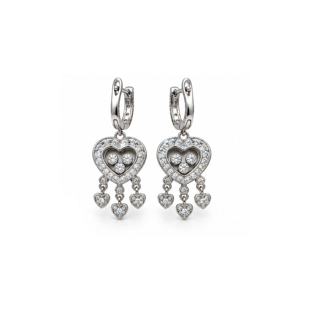 14K White Gold Diamond Heart Drop Earrings