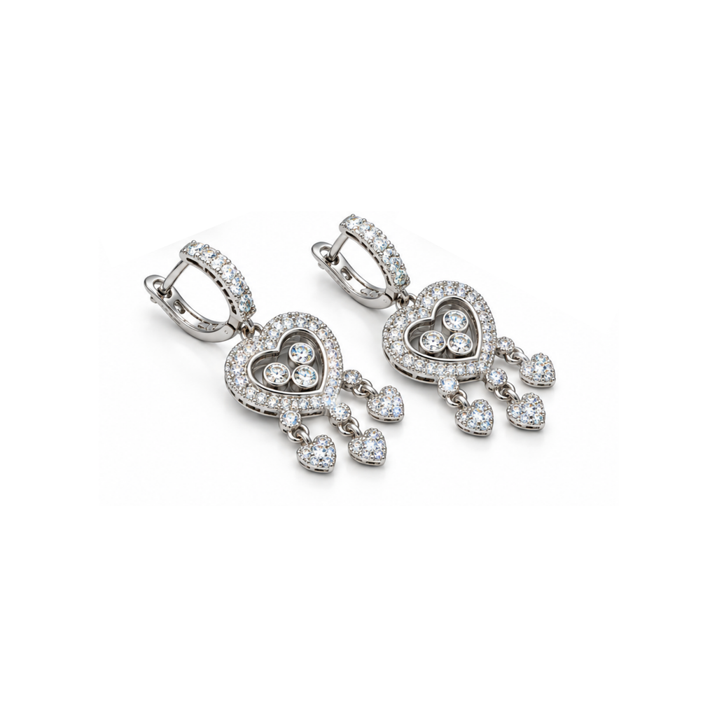 14K White Gold Diamond Heart Drop Earrings