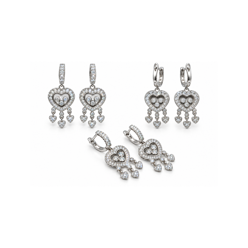 14K White Gold Diamond Heart Drop Earrings