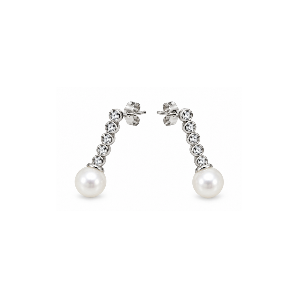 14K White Gold Diamond & Pearl Drop Earrings