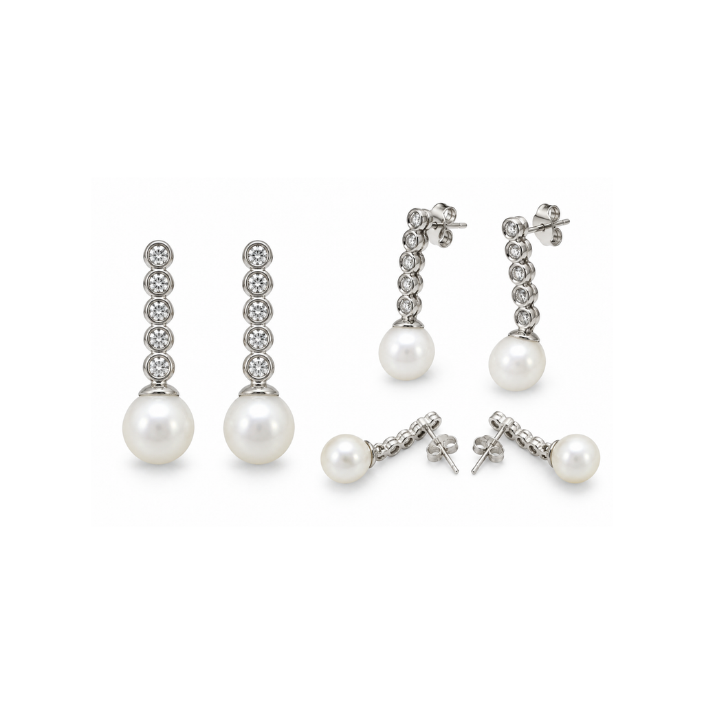 14K White Gold Diamond & Pearl Drop Earrings
