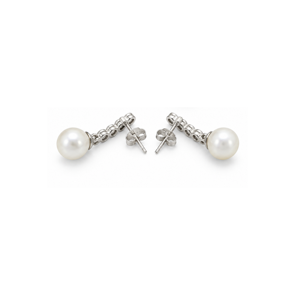 14K White Gold Diamond & Pearl Drop Earrings