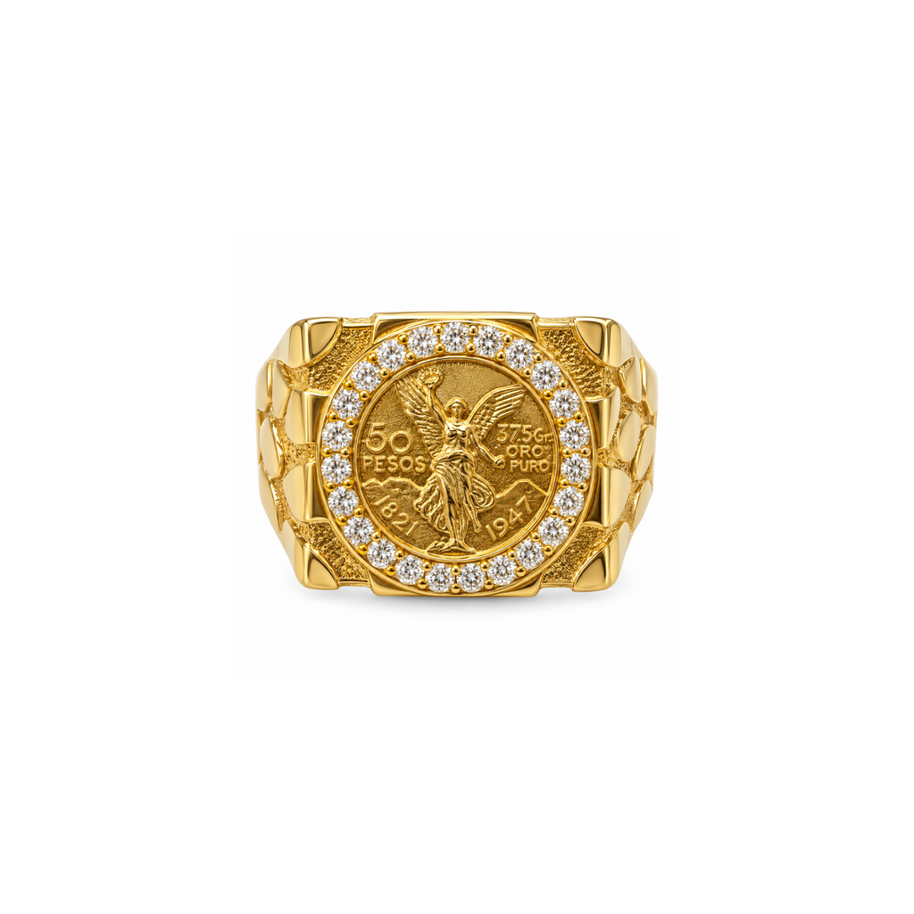 14K Yellow Gold Mexican 50 Pesos Coin Ring with Zirconia