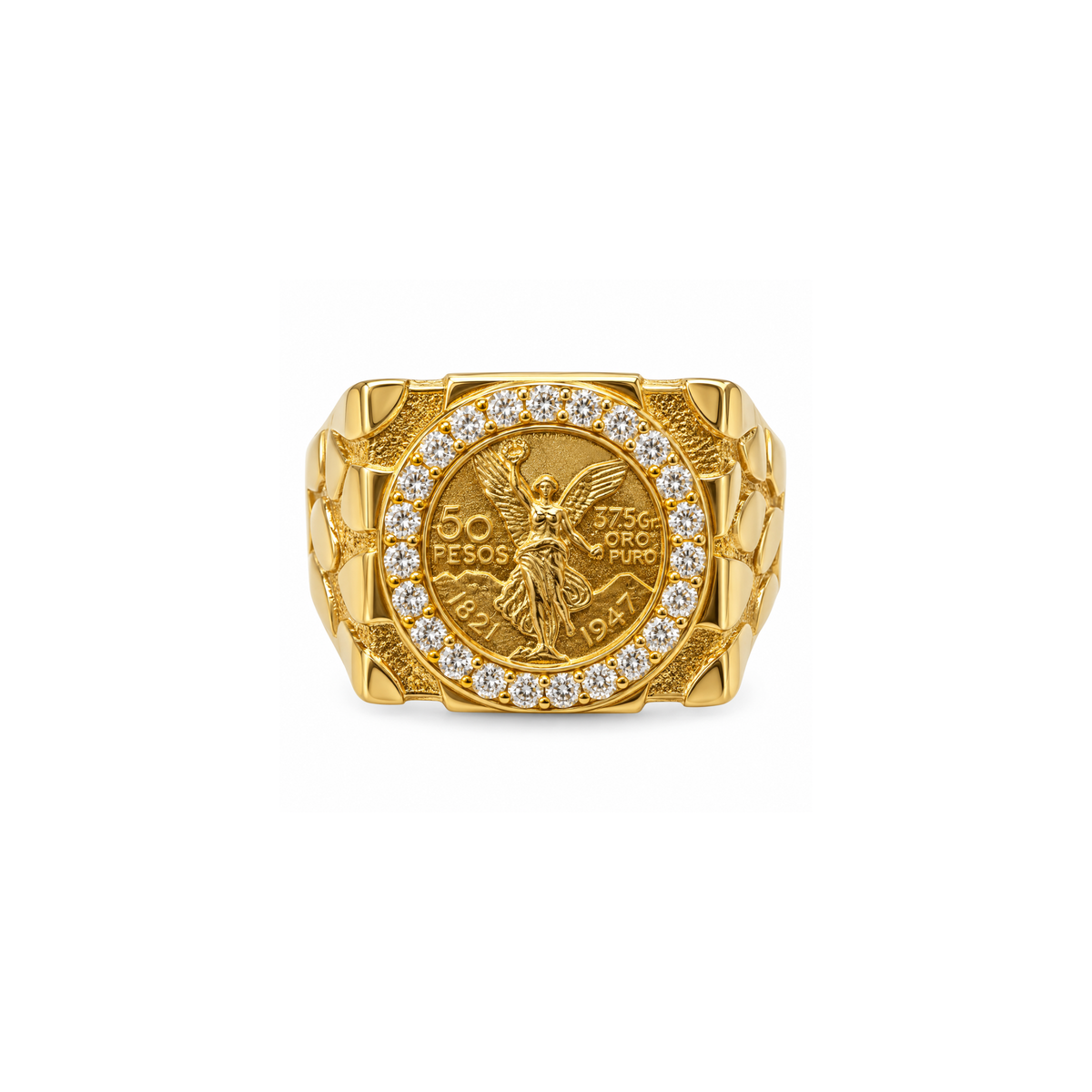 14K Yellow Gold Mexican 50 Pesos Coin Ring with Zirconia