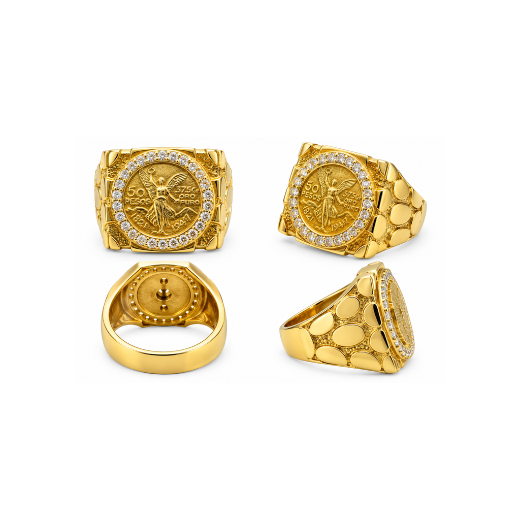 14K Yellow Gold Mexican 50 Pesos Coin Ring with Zirconia