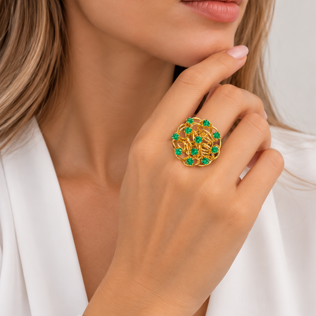 18K Yellow Gold Emerald Statement Ring – Size 5.25