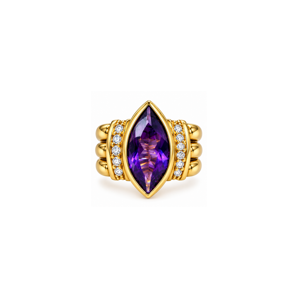 18K Yellow Gold Amethyst & Diamond Statement Ring – Size 5