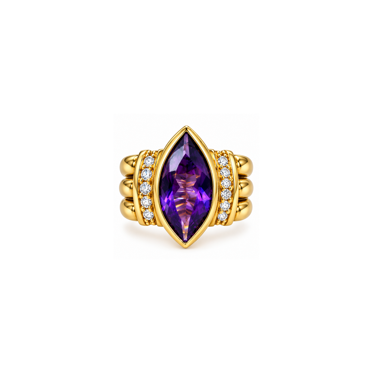 18K Yellow Gold Amethyst & Diamond Statement Ring – Size 5