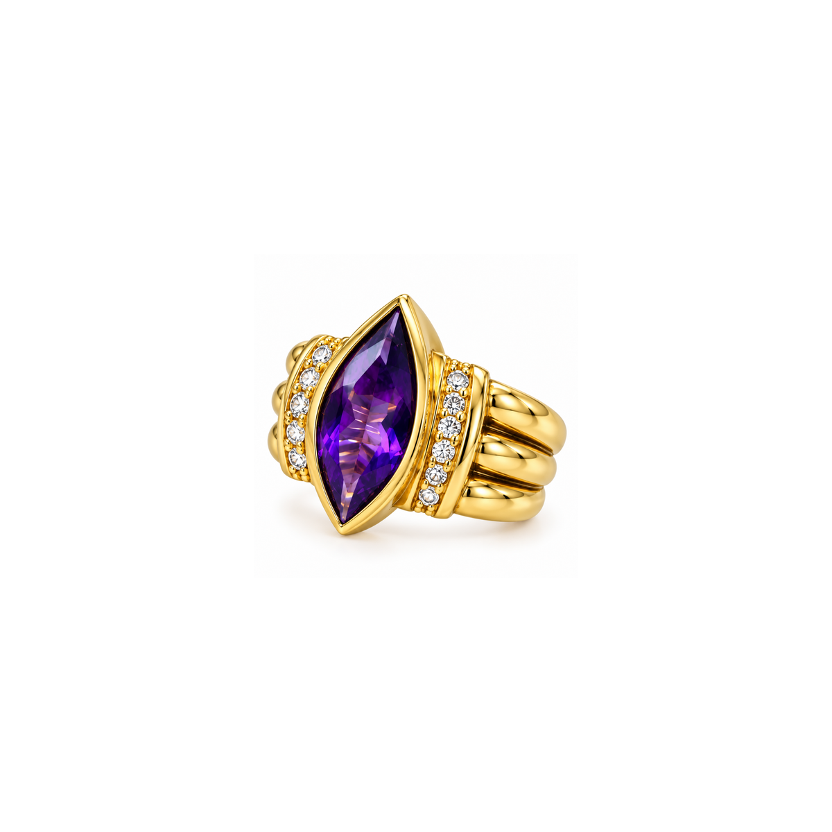 18K Yellow Gold Amethyst & Diamond Statement Ring – Size 5