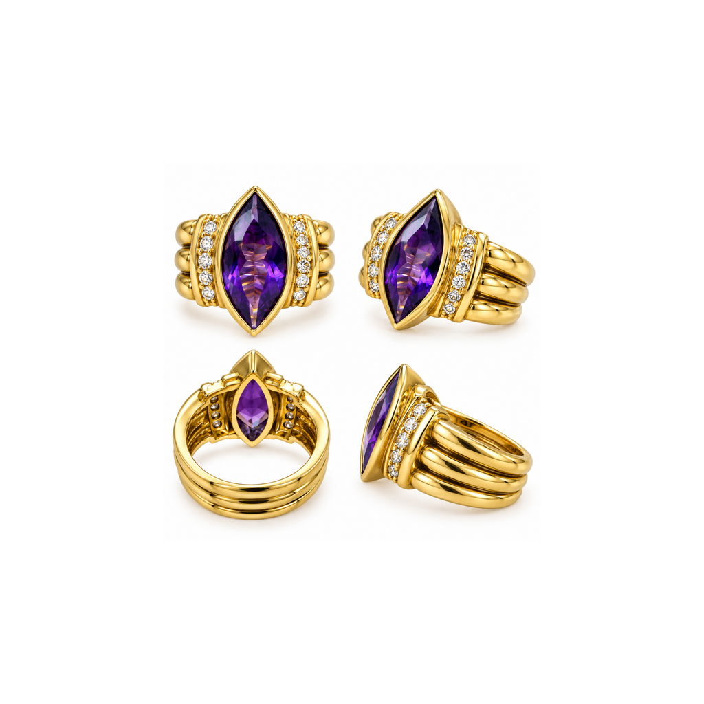 18K Yellow Gold Amethyst & Diamond Statement Ring – Size 5