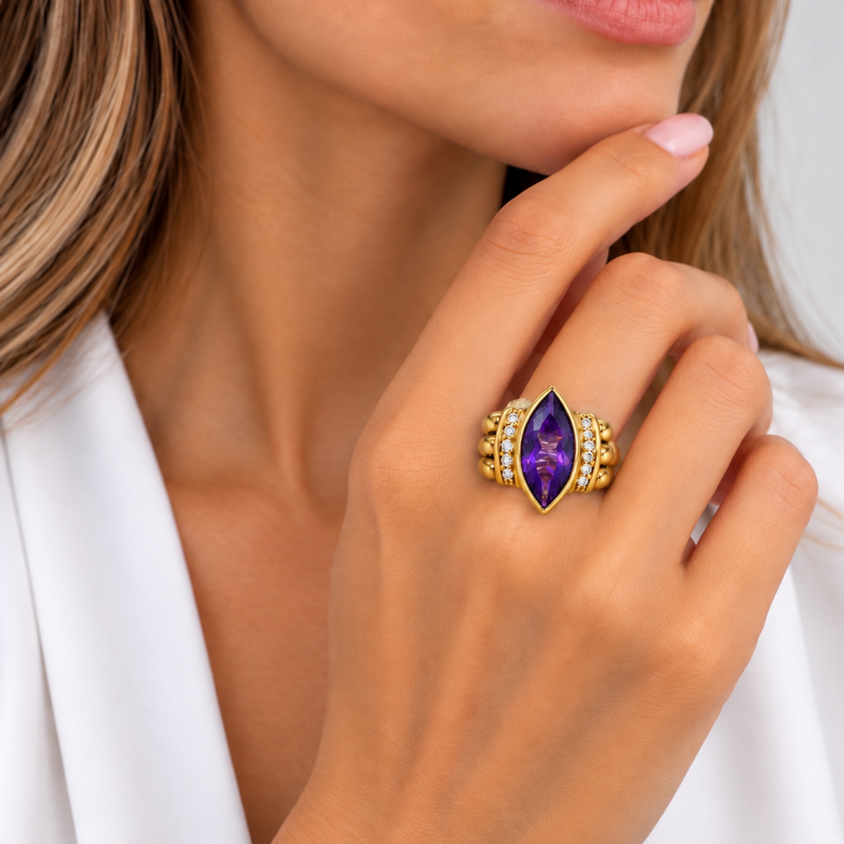 18K Yellow Gold Amethyst & Diamond Statement Ring – Size 5