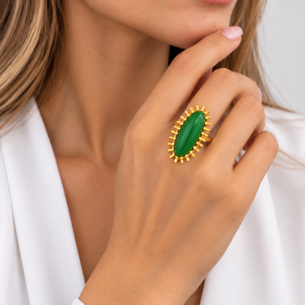18K Yellow Gold Green Stone Statement Ring – Size 5.25