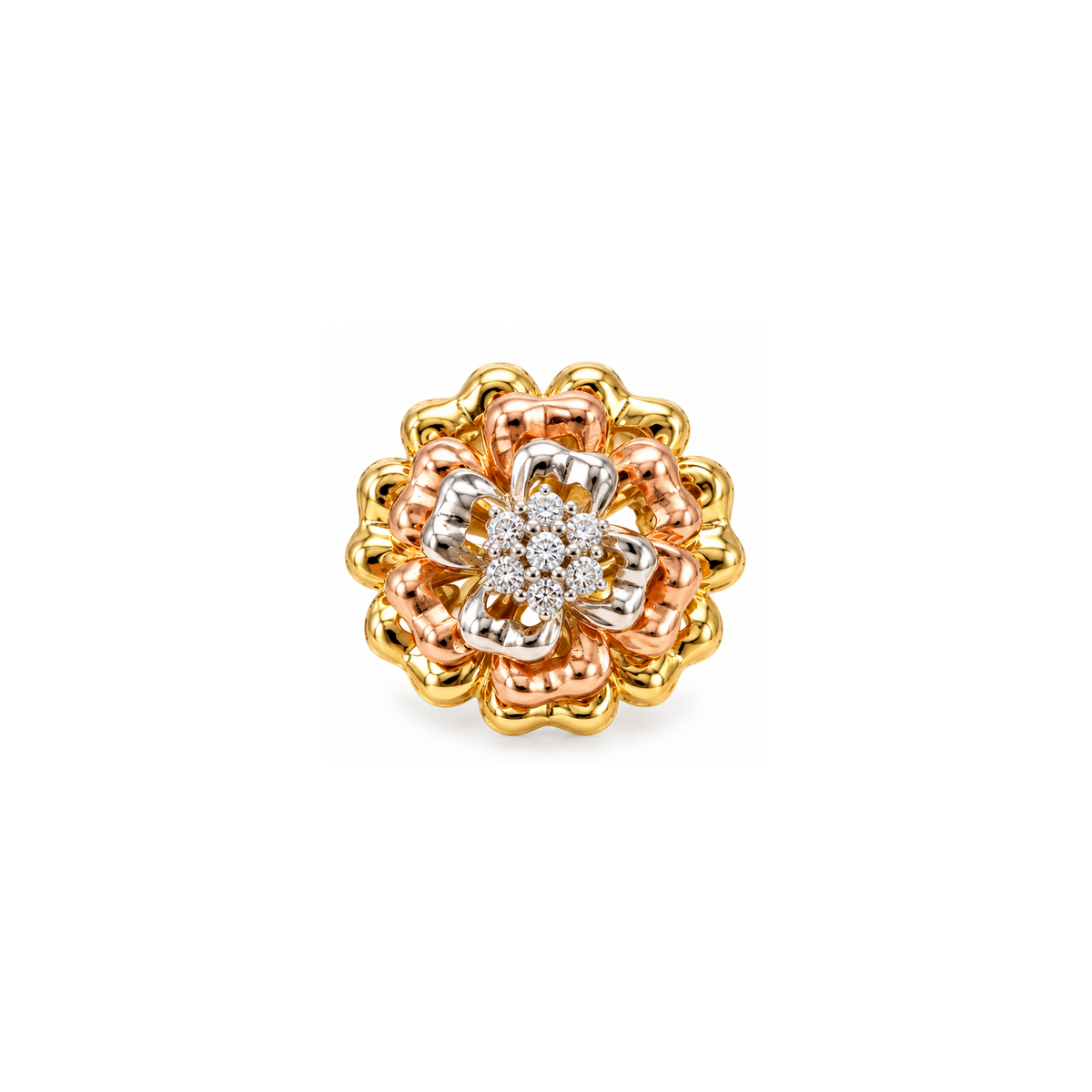 10K Tri-Color Gold Floral Diamond Statement Ring – 0.80 CTW – Size 5