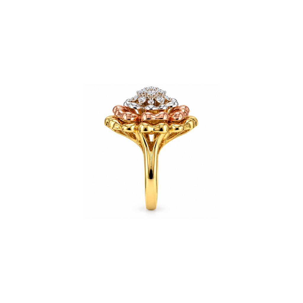 10K Tri-Color Gold Floral Diamond Statement Ring – 0.80 CTW – Size 5