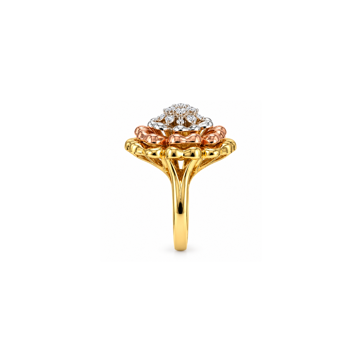 10K Tri-Color Gold Floral Diamond Statement Ring – 0.80 CTW – Size 5