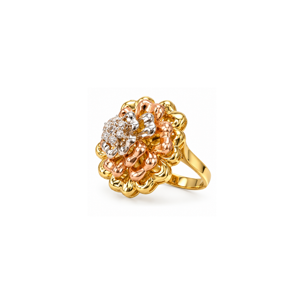 10K Tri-Color Gold Floral Diamond Statement Ring – 0.80 CTW – Size 5