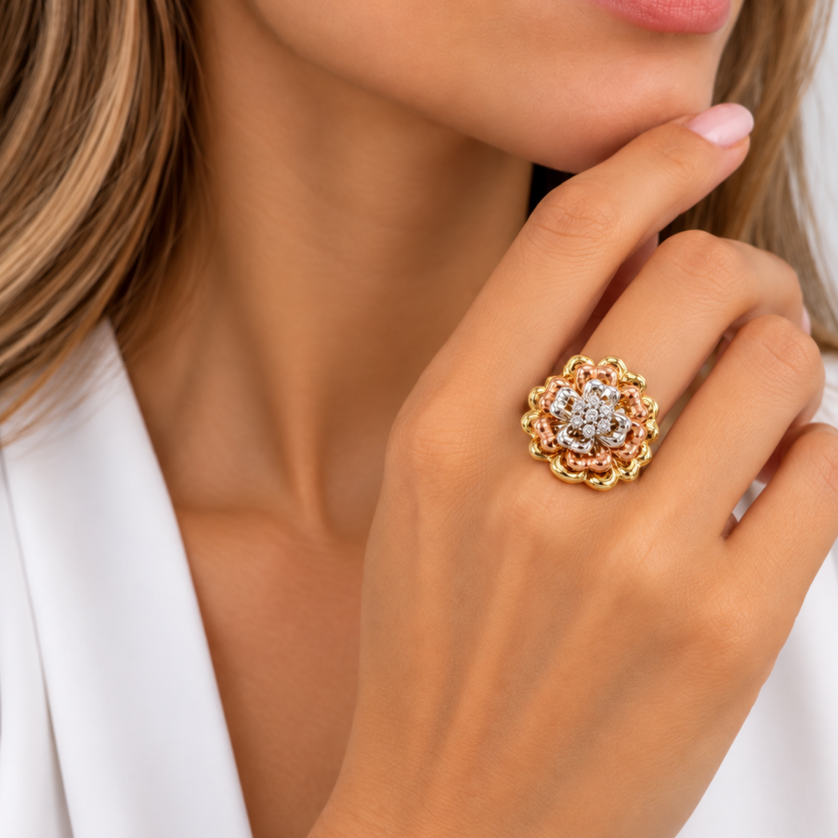 10K Tri-Color Gold Floral Diamond Statement Ring – 0.80 CTW – Size 5
