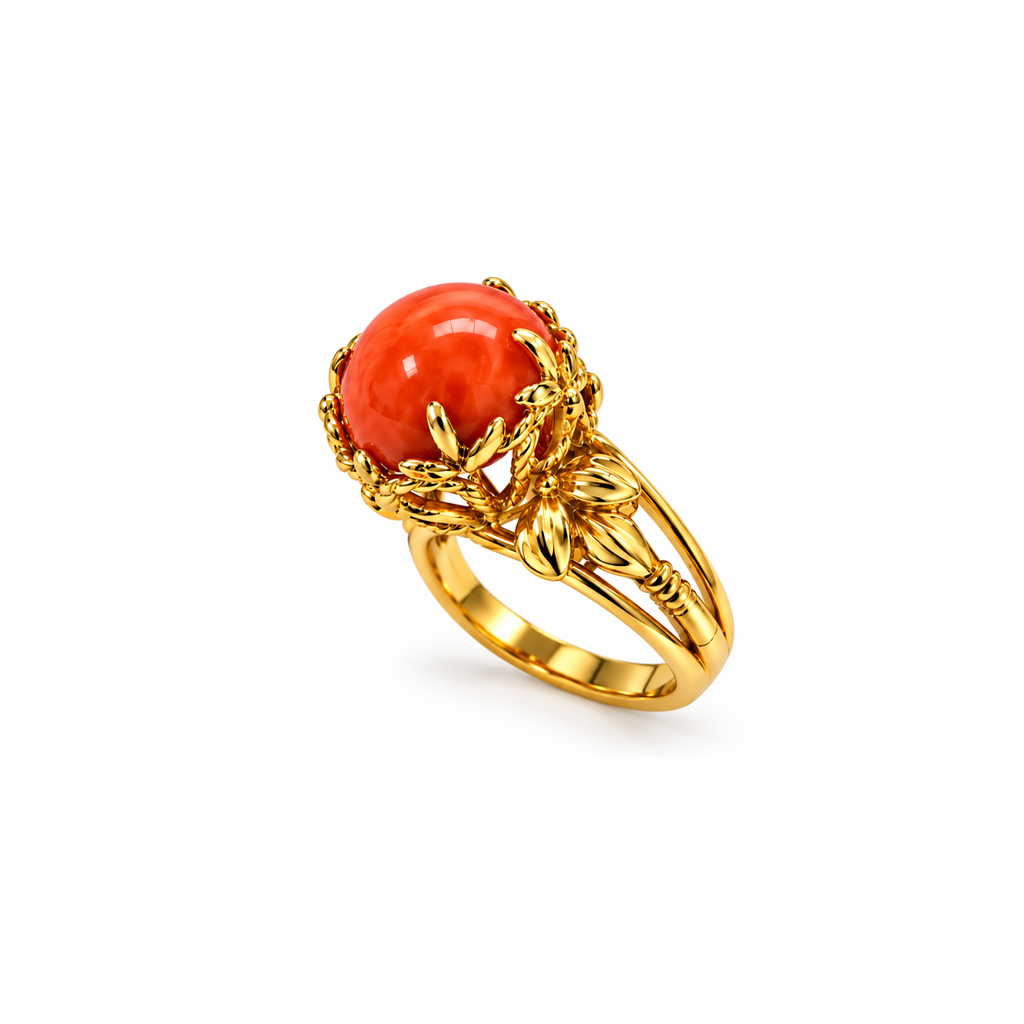 14K Yellow Gold Coral Statement Ring – Size 6 1/4