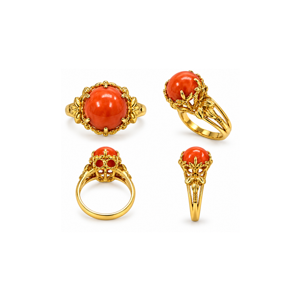 14K Yellow Gold Coral Statement Ring – Size 6 1/4