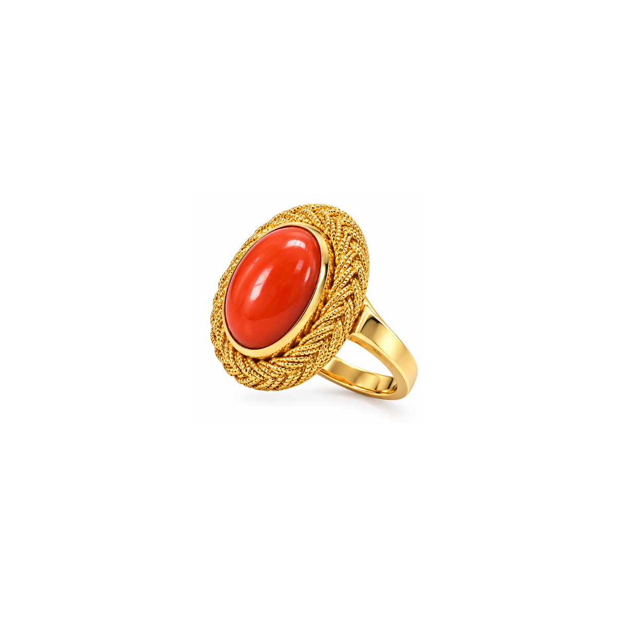 14K Yellow Gold Coral Cabochon Statement Ring – Size 6.75