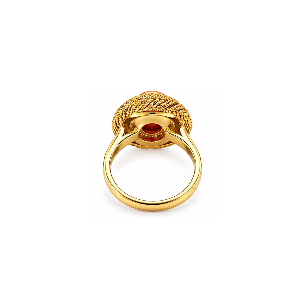 14K Yellow Gold Coral Cabochon Statement Ring – Size 6.75