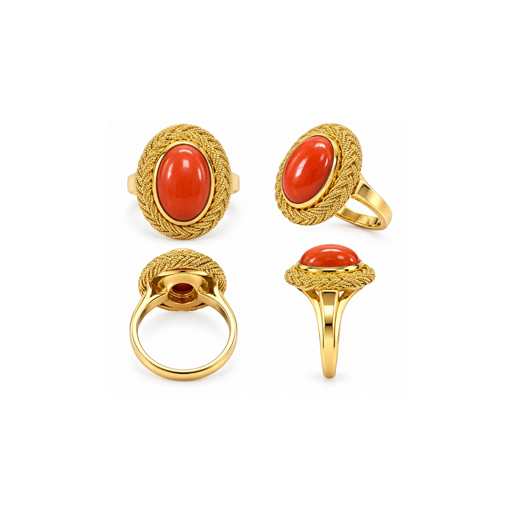 14K Yellow Gold Coral Cabochon Statement Ring – Size 6.75