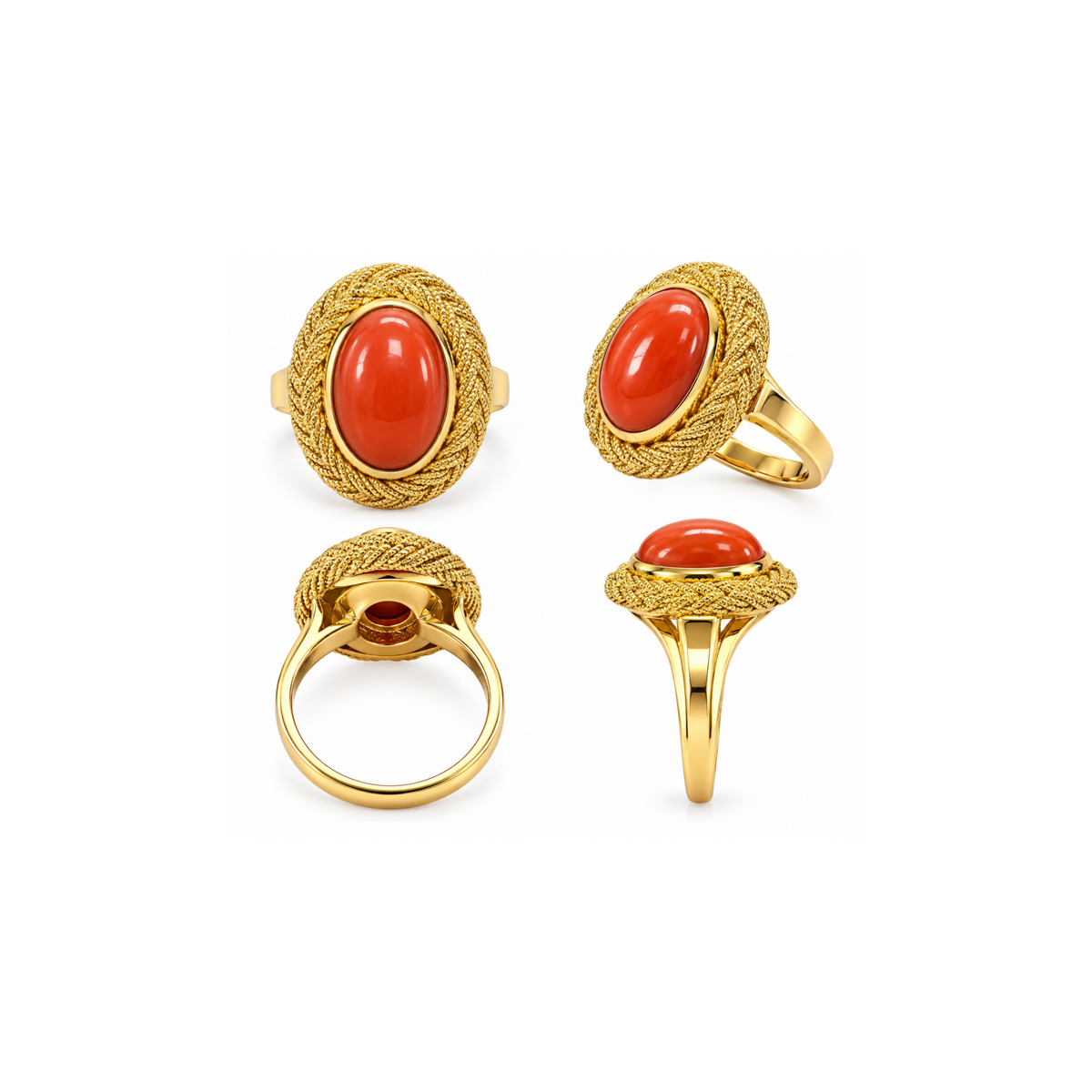 14K Yellow Gold Coral Cabochon Statement Ring – Size 6.75